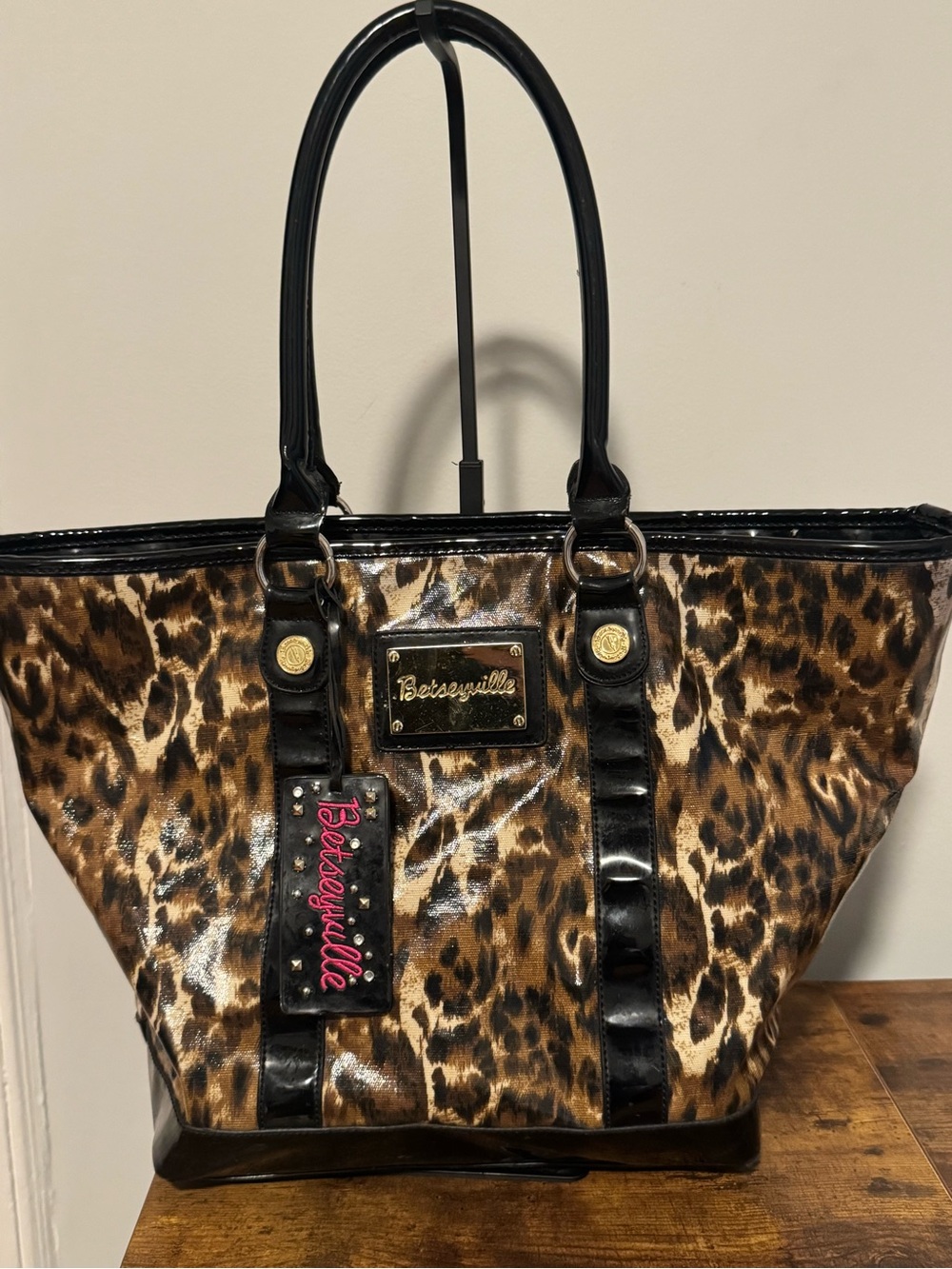 Betsey Johnson Brown Leopard Print Tote with Black Trim